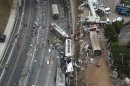 An overhead view of the wreckage of a train crash is seen near Santiago de Compostela