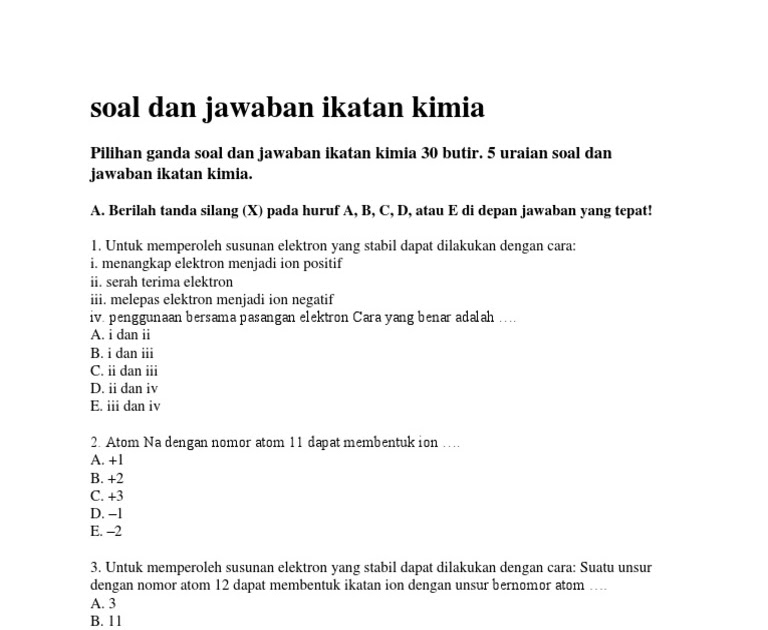 Soal Kimia Kelas 10 Tentang Ikatan Kimia Beserta Jawabannya - Pejuang Soal