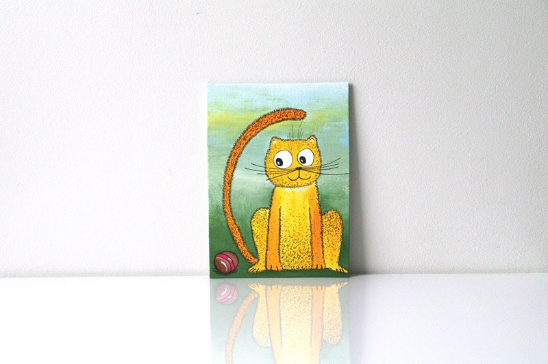 Yellow cat painting Funny greeting card with animal and ball Cute kitty art Green Girft for children Nursery decor Small painting 6x9 size - AstaArtwork Yellow cat painting Funny greeting card with animal and ball Cute kitty art Green Girft for children Nursery decor Small painting 6x9 size - AstaArtwork