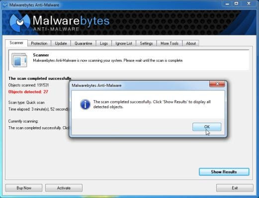 [Image: Malwarebytes Anti-Malware scan results]