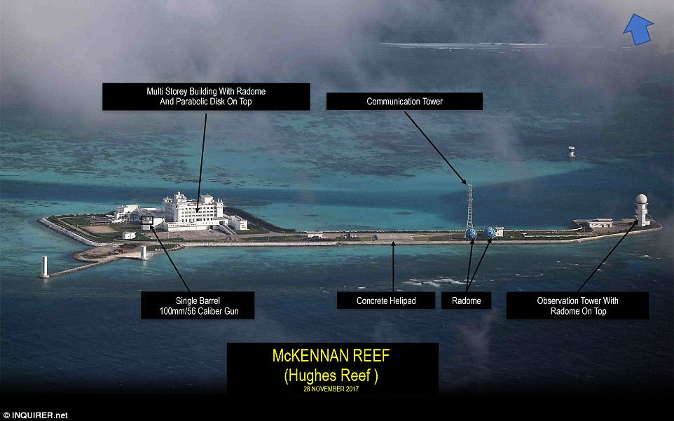 Military installations on Hughes Reef included a multi-storey building with a radome, and a single-barrel gun 