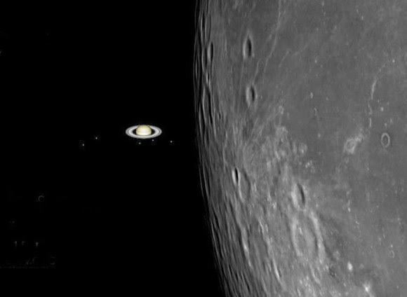 Simulation of the moon closing in on Saturn just prior to occultation. Credit: Gianluca Masi using SkyX software