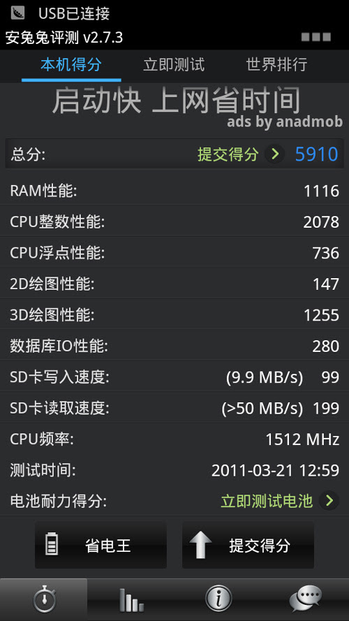 图:使用安兔兔2.7.2进行测试的跑分