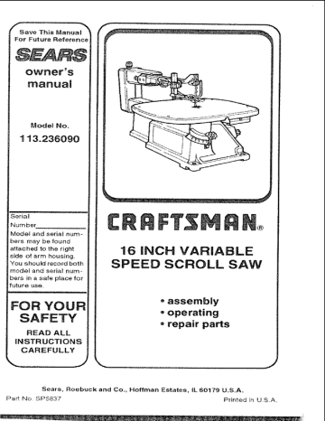 Craftsman 315.216260 Owner's Manual - Craftsman 113 235500 Scroll Saw