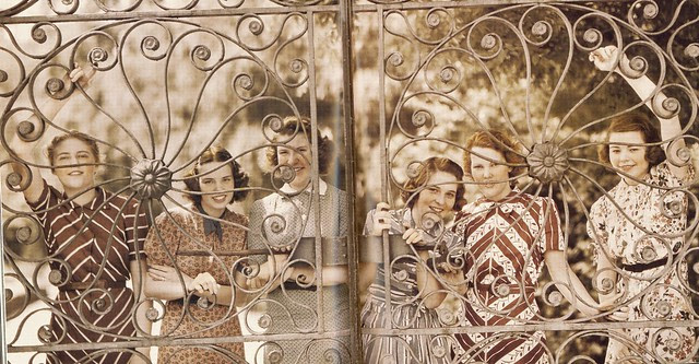 Students smile through the gates of Ashley Hall girls' school, Charleston, SC 1939