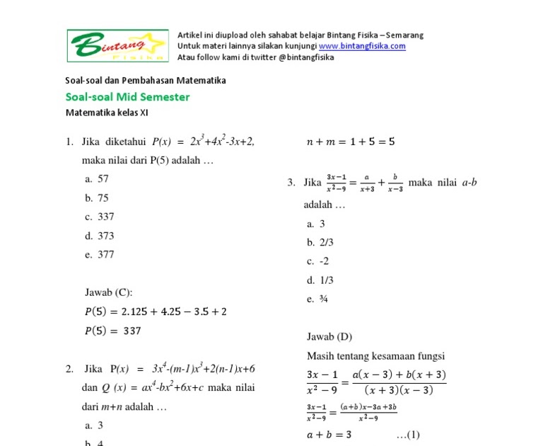 Contoh Soal Matematika Peminatan Kelas 10 Semester 1