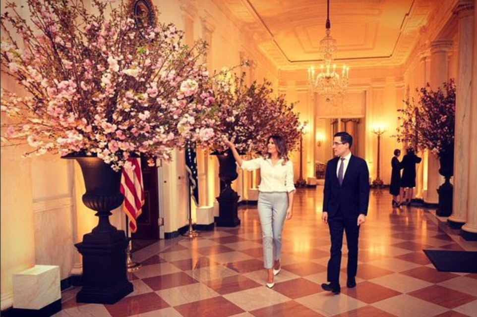 Primeira-dama Melania Trump gesticula em direção à s grandes exibições de flores de cerejeira que foram instaladas para o jantar de terça-feira com a FrançaÂ