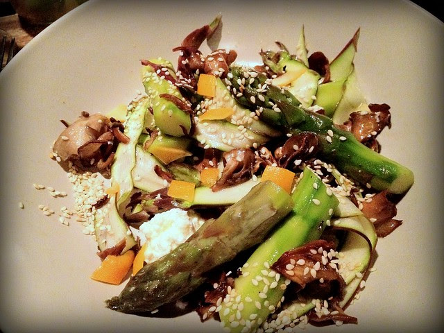 Salad with asparagus, maitake mushrooms, fresh cheese, lemon and sesame seeds - Outerlands