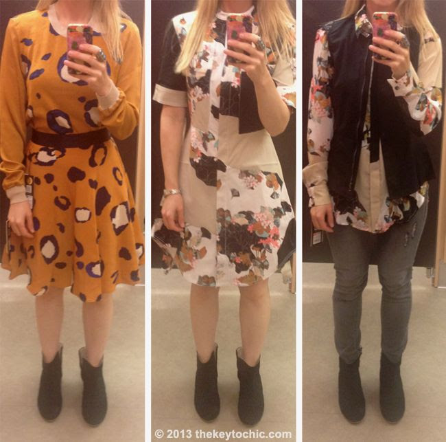 Phillip Lim for Target animal print pullover and skirt, paper floral print dress, and black sparkle peplum top, Phillip Lim for Target fitting room reviews