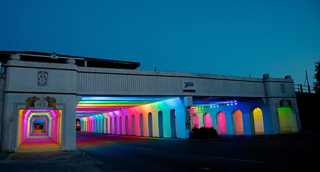 LightRails: A Neglected Railroad Underpass Illuminated by Artist Bill FitzGibbons LightRails: A Neglected Railroad Underpass Illuminated by Artist Bill FitzGibbons light installation bridges Alabama