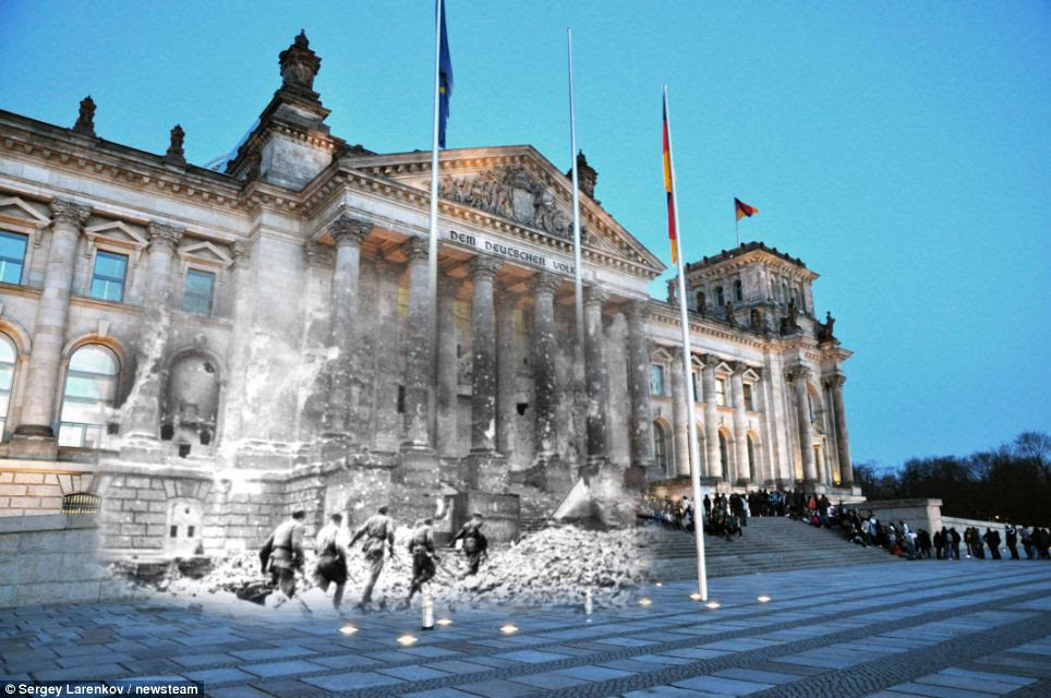 Merge: Red Army storms Reichstag, Berlin, in 1945, as tourists queue to enter the historic building