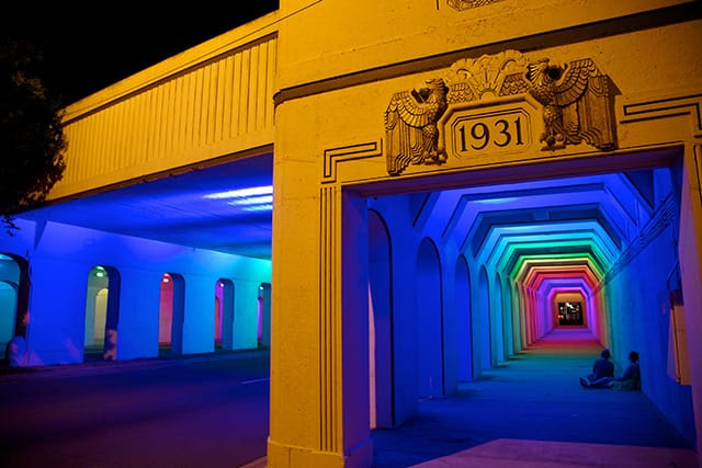 LightRails: A Neglected Railroad Underpass Illuminated by Artist Bill FitzGibbons LightRails: A Neglected Railroad Underpass Illuminated by Artist Bill FitzGibbons light installation bridges Alabama