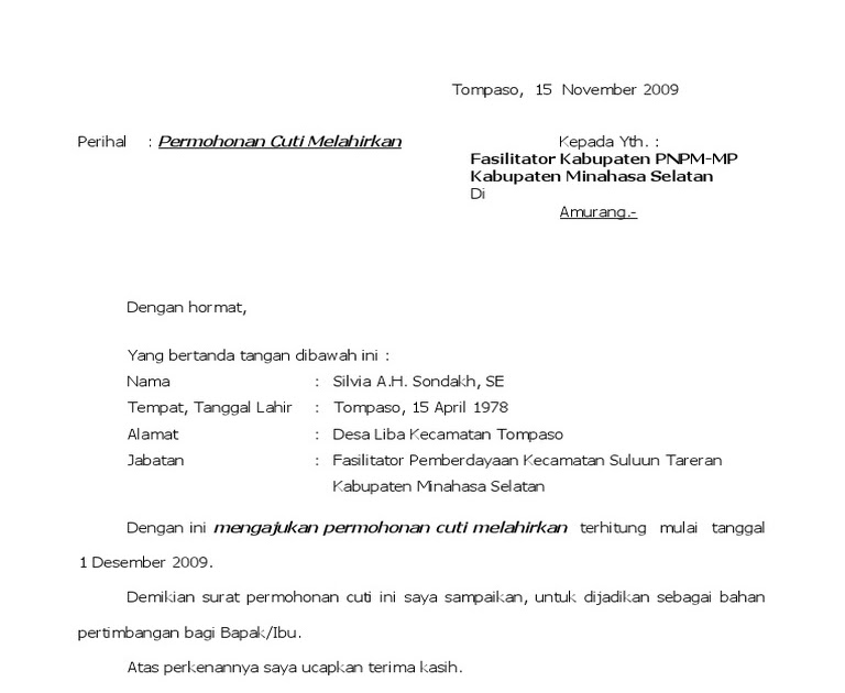 Surat Permohonan Cuti Hamil Guru Dioedpr