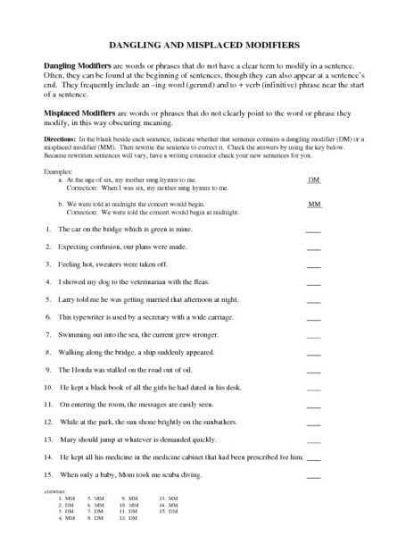 Dangling And Misplaced Modifiers Exercises With Answers Pdf - ExerciseWalls