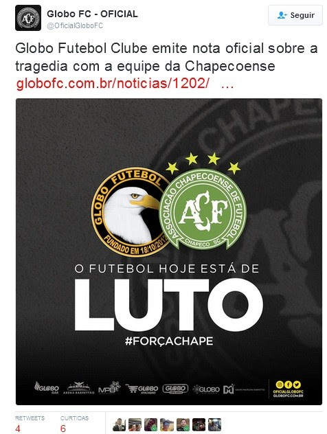 Globo FC - Nota de pesar - acidente da Chapecoense (Foto: Reprodução)