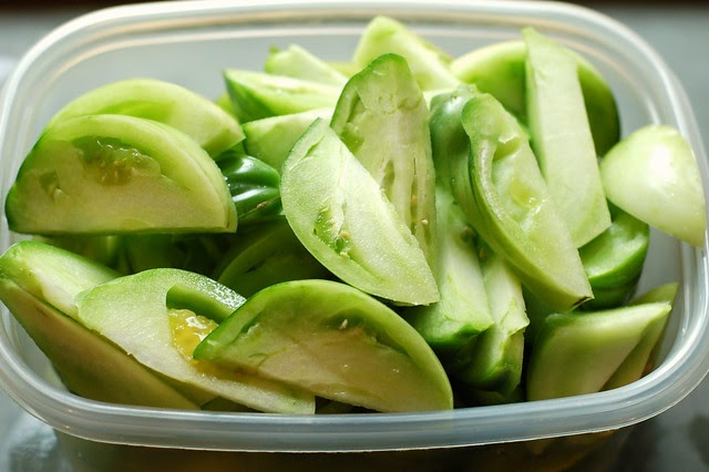 Sliced green tomatoes by Eve Fox, Garden of Eating blog, copyright 2012