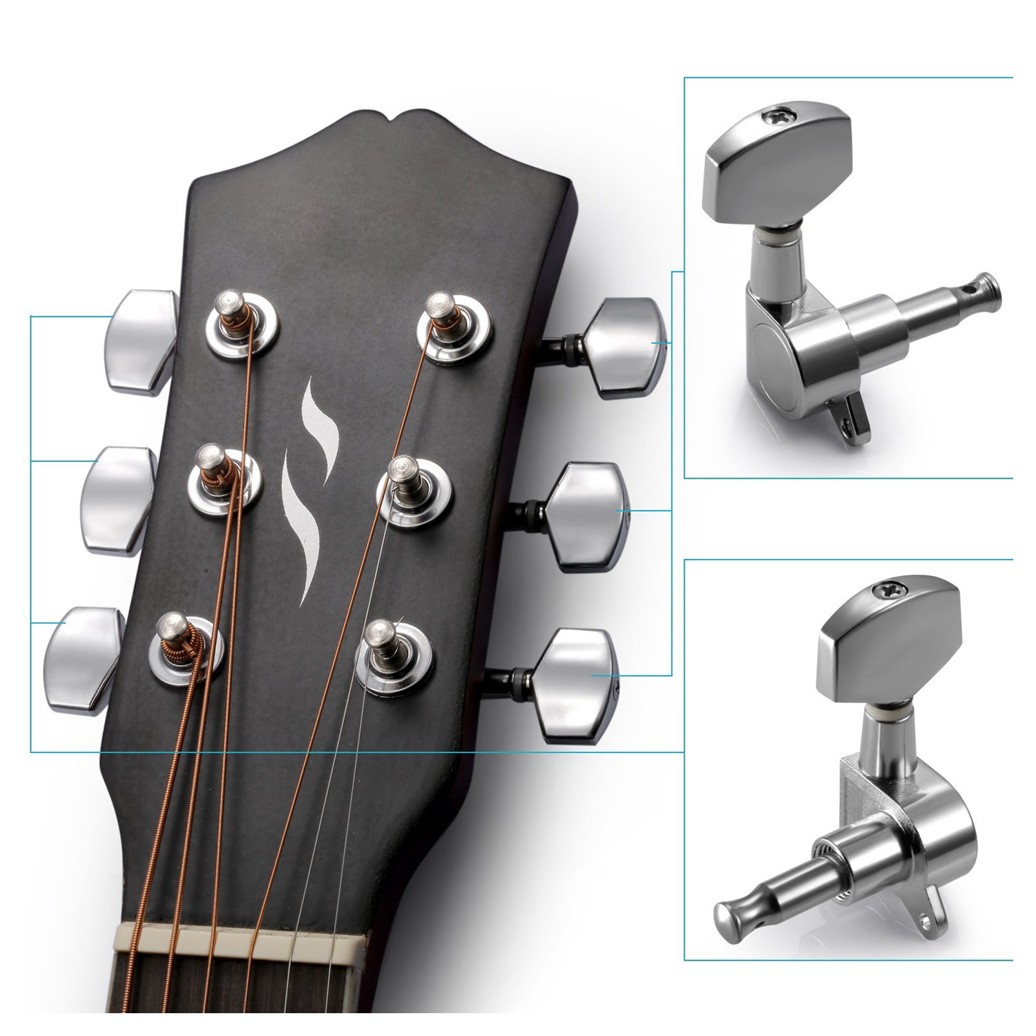 Almencla 6Pieces 3L 3R Guitar String Tuning Pegs Tuner Machine Heads Knobs Tuning Keys for Acoustic or Electric Guitar Black 