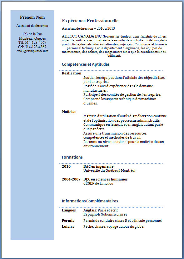 Resume Format Modèle Cv Assistant De Direction