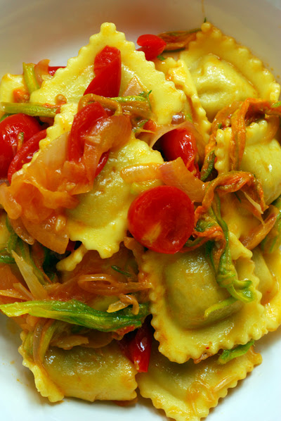 Ravioli with Cherry Tomatoes and Zucchini Flowers