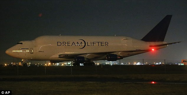 Stuck: A Boeing 747 LCF Dreamlifter sits on the runway after accidentally landing at Jabara airport in Wichita, Kansas on Wednesday night 