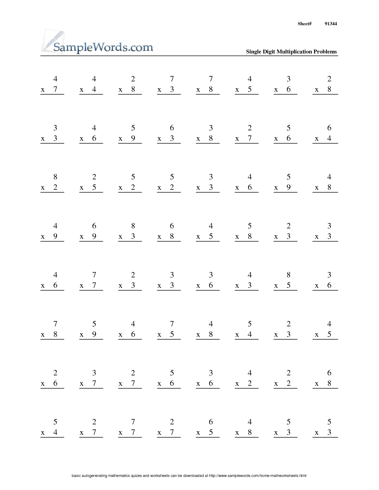 Multiplication Printable Worksheets Grade 3 50 Quntions
