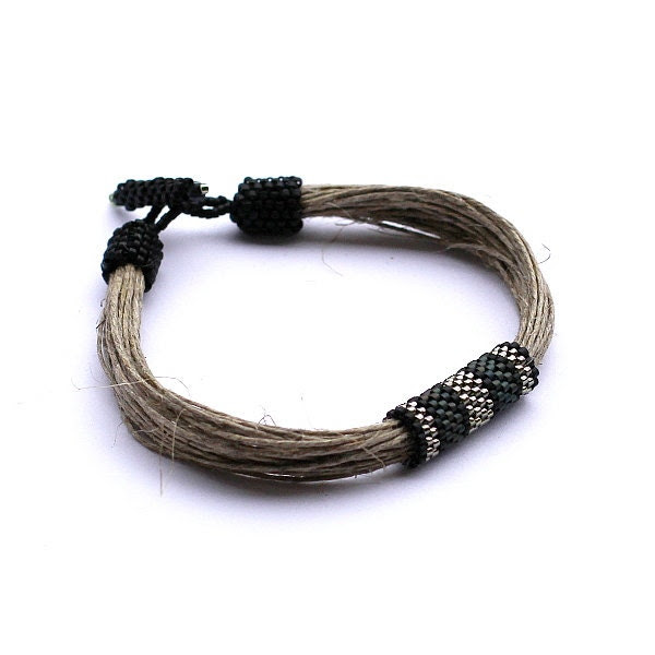 Beadwork art mens bracelet - men's beaded bracelet - linen bracelet for men - organic jewelry - mens beaded bracelets - Naryajewelry