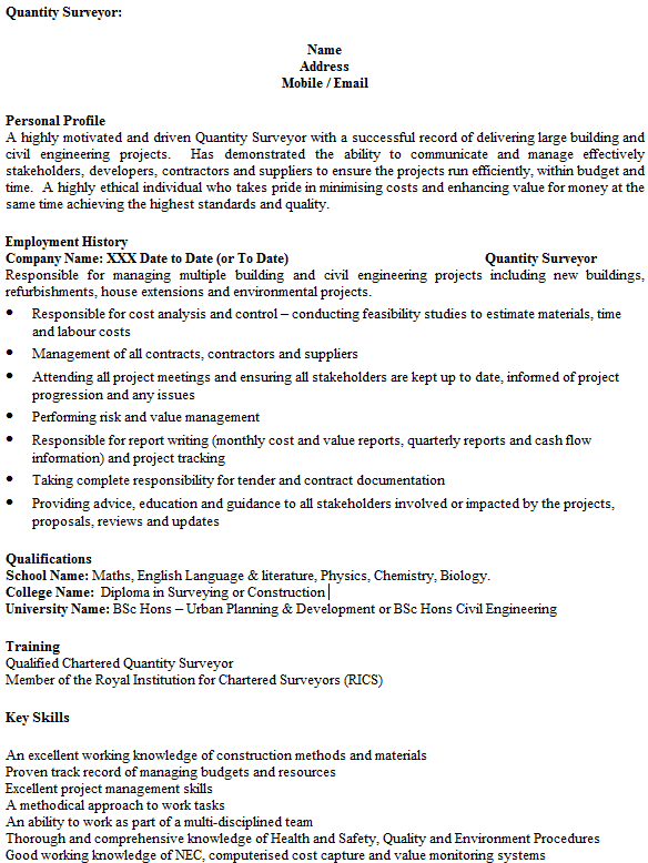 21 Fresh Quantity Surveyor Cv Example