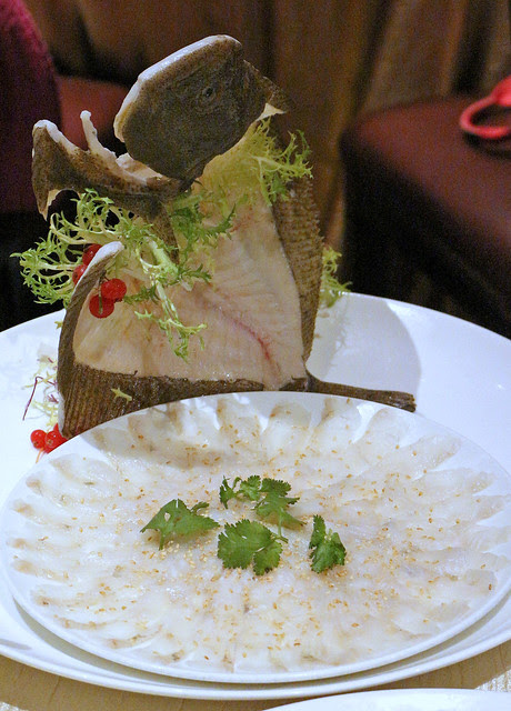 Turbot is a flatfish not commonly used for yusheng but the firm white flesh gives good texture