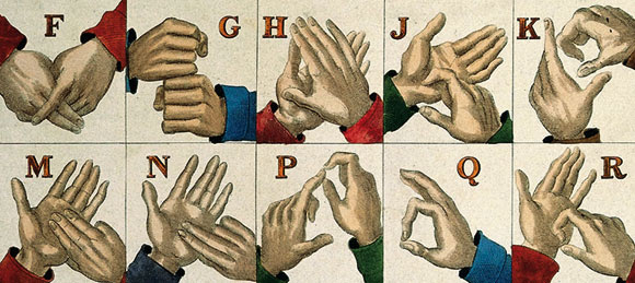 Alcune lettere dell’alfabeto manuale nella lingua dei segni britannica (Wellcome Images) Alcune lettere dell’alfabeto manuale nella lingua dei segni britannica (Wellcome Images)