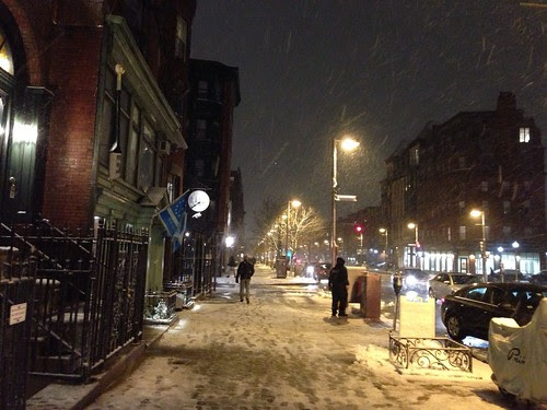 Snowy Boston, at night