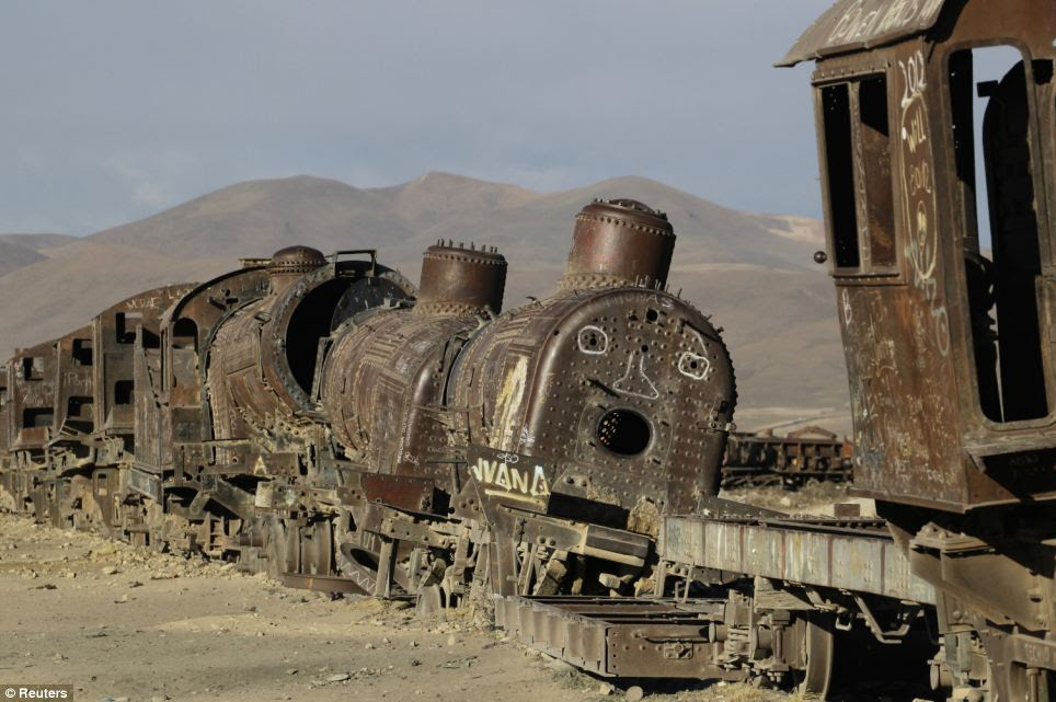 Old locomotives are seen in a train cemetery in Uyuni, near a salt flat some 290 miles south of La Paz