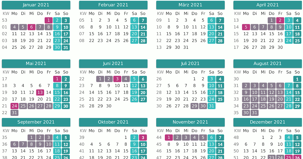Kalender 2021 Baden-Württemberg Mit Feiertagen ...