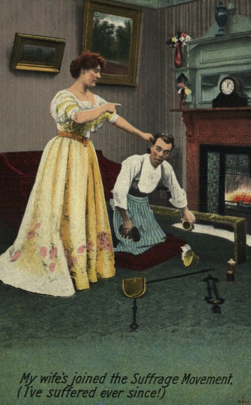 A woman dominates her husband in this Bamforth postcard. Palczewski, Catherine H. Postcard Archive. University of Northern Iowa. Cedar Falls, IA.