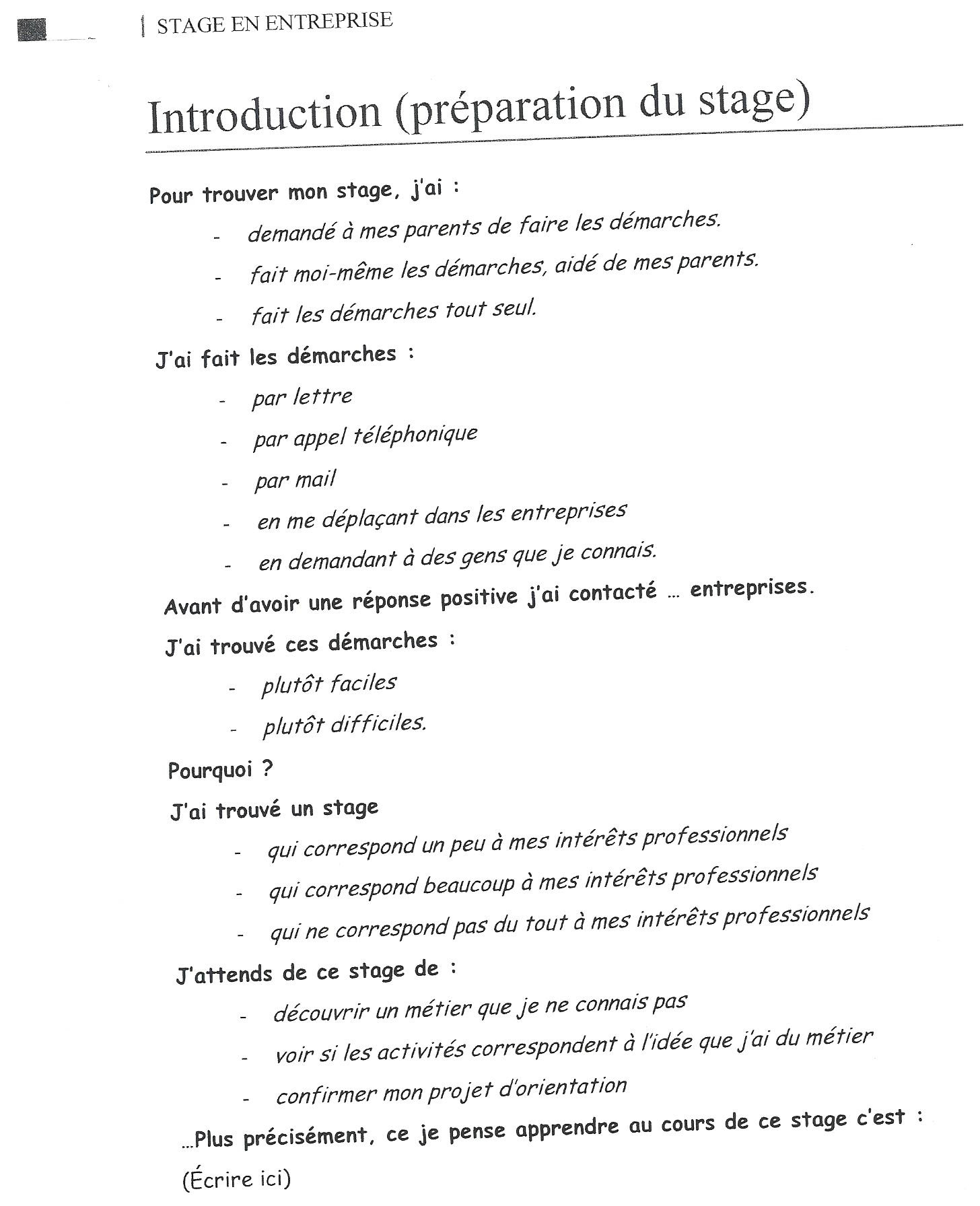 Comment Faire Une Introduction Dans Un Rapport De Stage