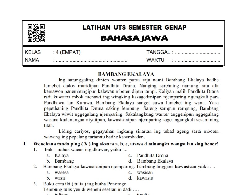 Soal Uts Bahasa Jawa Kelas 2 Semester 2