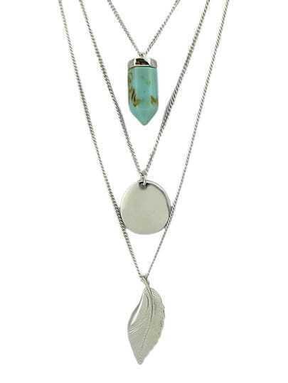 Silver Plated Leaf Cricle Fake Turquoise Pendant Necklace pictures