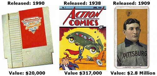 Value of Rare Video Game, Action Comic, and Baseball Card