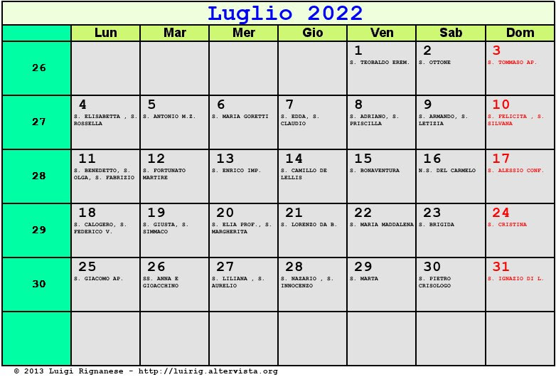 Calendario Dei Santi Luglio 2022 Calendario Ottobre