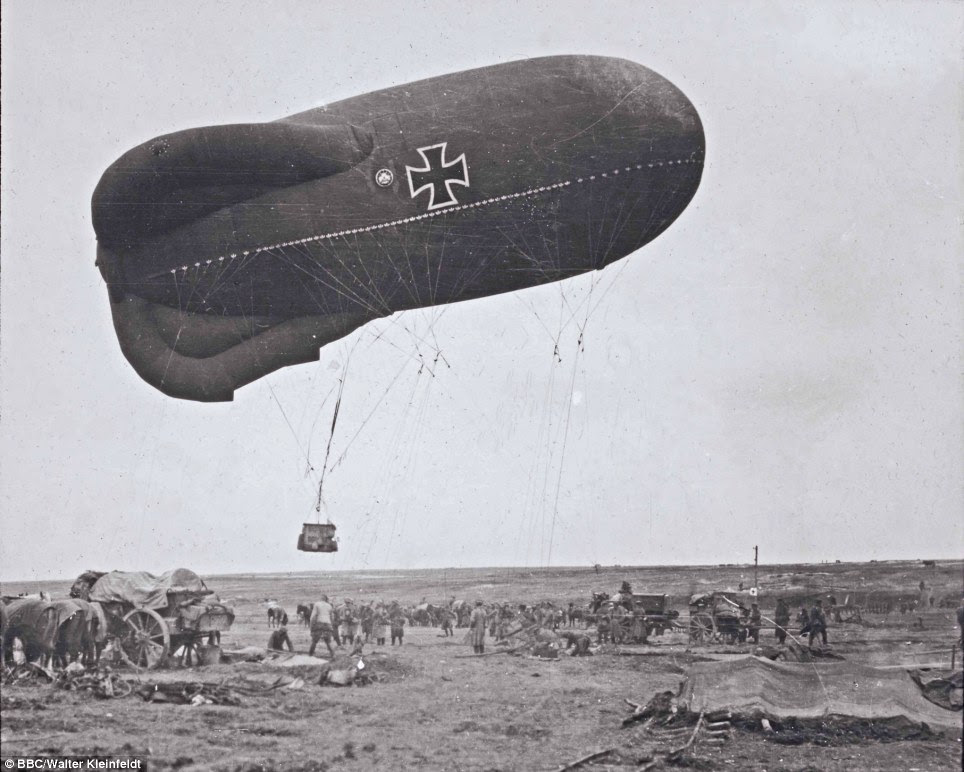 Eyes in the sky: A German observation  balloon takes off  to direct artillery fire at the Somme in 1916. Walter Kleinfeldt was fascinated with the latest machinery of war