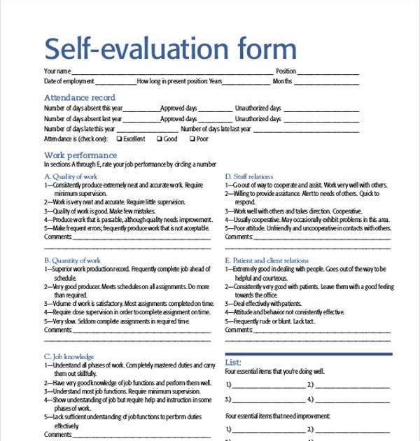 Self Evaluation For Receptionist - FREE 7+ Sample Student Self