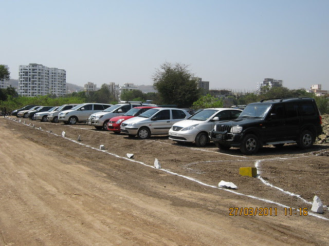 Proposed 30 meter D. P. Road and visitor's cars on the day of Bhoomi Poojan of DSK Gandhakosh Baner Pune