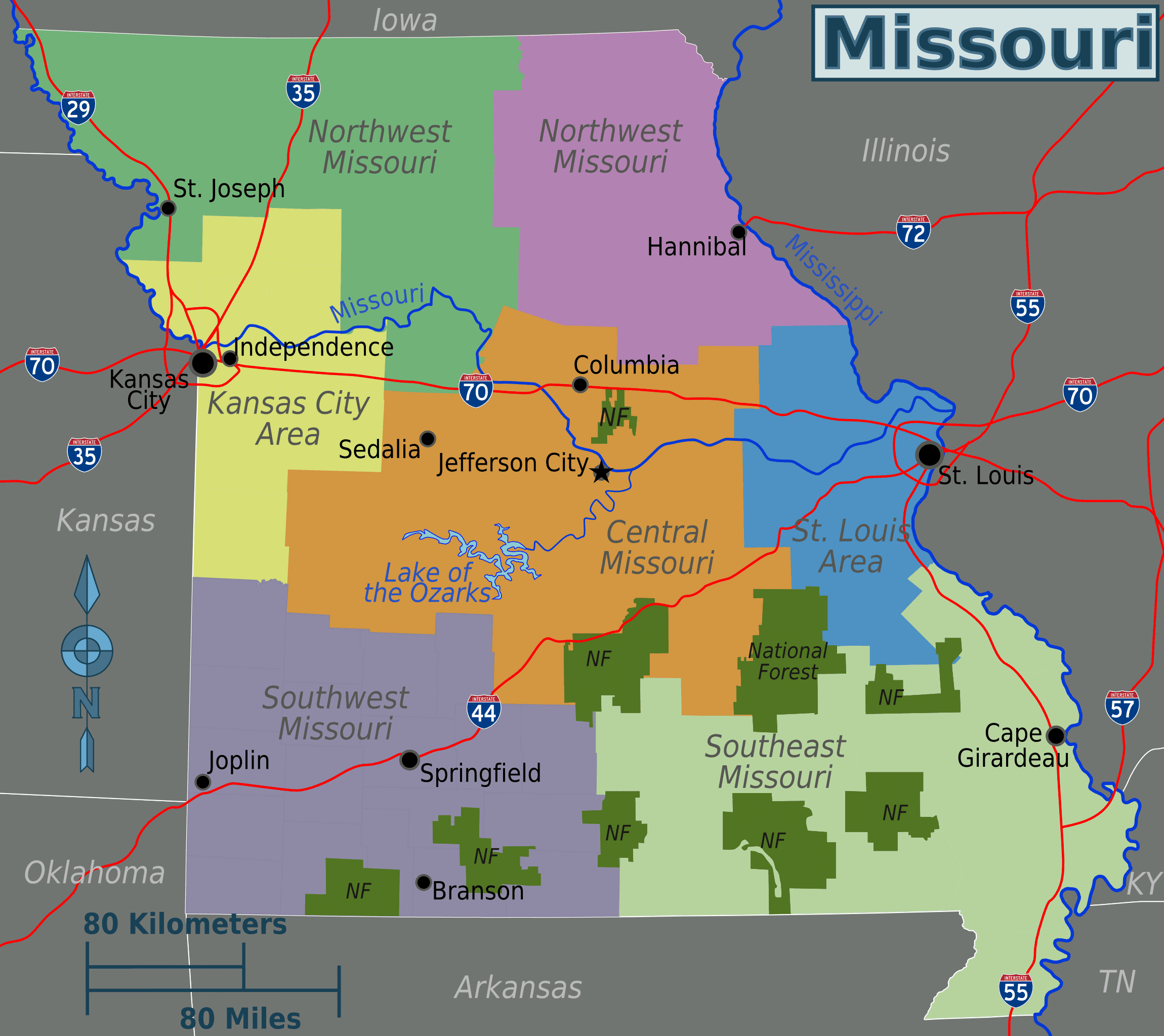 Regions Of Missouri Map | Time Zones Map