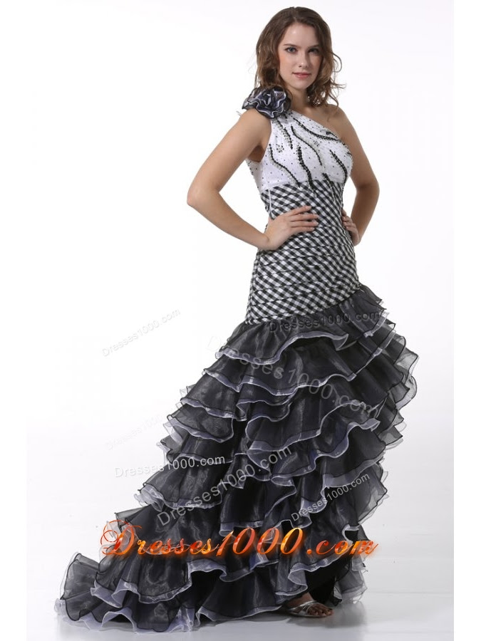 white and black one shoulder high low prom dress with ruffled layers 5443 4