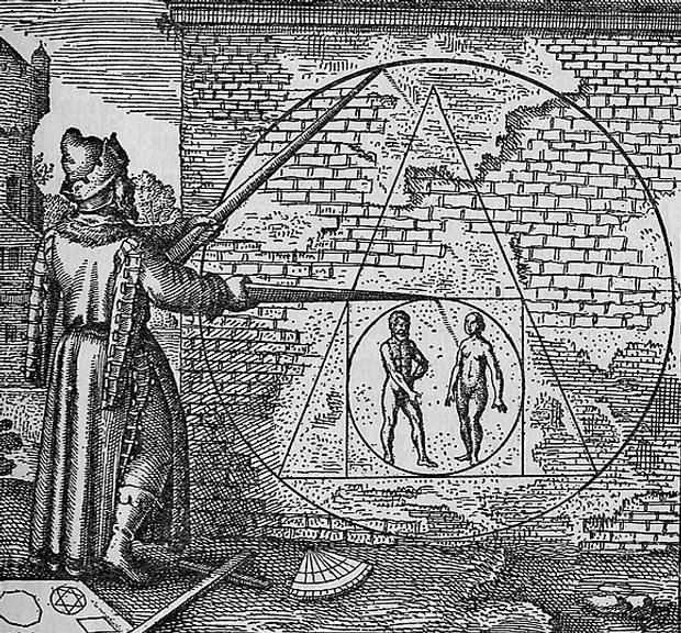 «Del macho y de la mujer, hace un círculo único, de donde surge el cuadrado con los lados muy iguales. Construye sobre él un triángulo, transformado a su turno en esfera muy redonda. Entonces la Piedra ha nacido. Si tu espíritu es lento en captar este misterio, comprende la obra del geómetra y tu sabrás». Emblema XXI, Atalanta Fugiens.