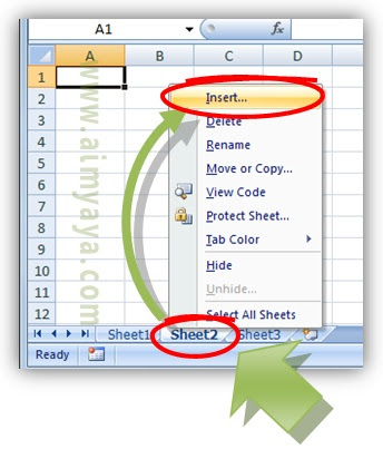 Gambar: Cara menyisipkan sheet baru di antara dua sheet Microsoft Excel