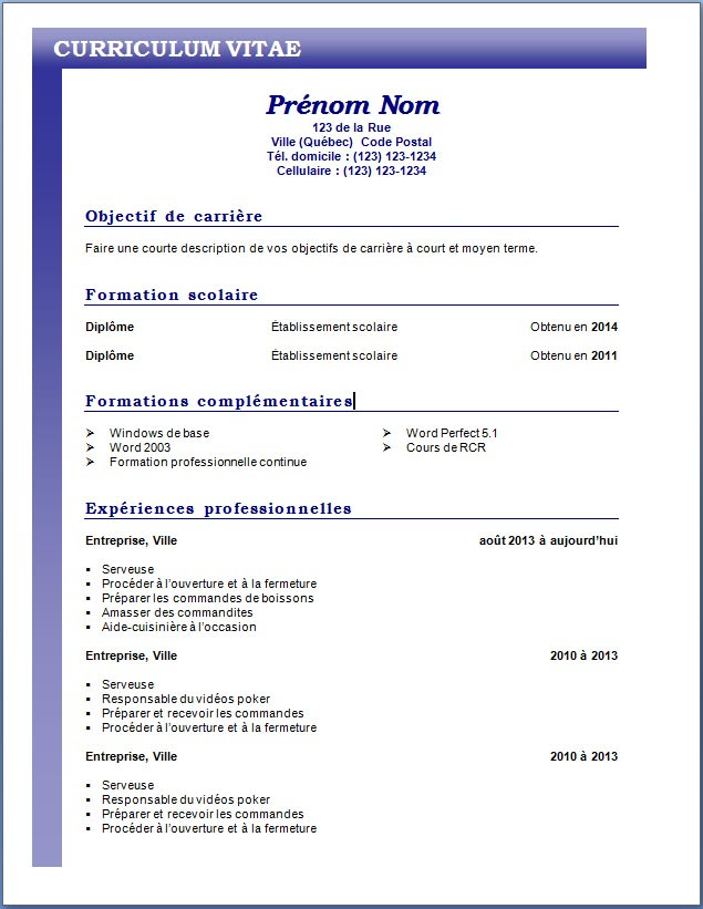 Resume Format Cv Quebecois Enseignant