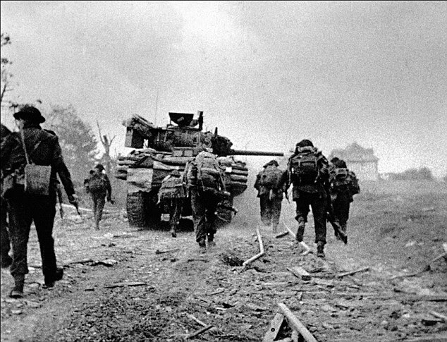 Commandos and Sherman DD tanks advancing towards Ouistreham, June 6, 1944