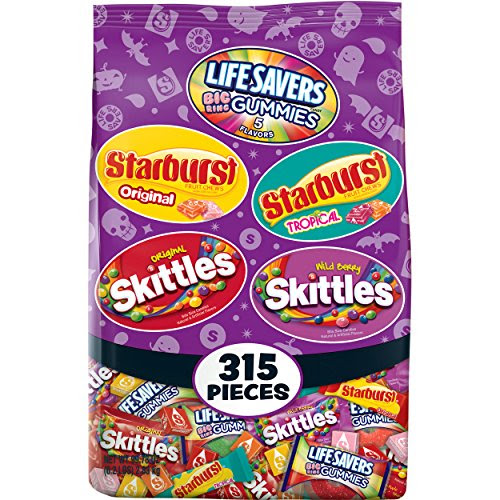 Skittles, Starburst and Life Savers Gummies Halloween Candy Bag, 315 Fun Size Pieces, 99.78 ounce