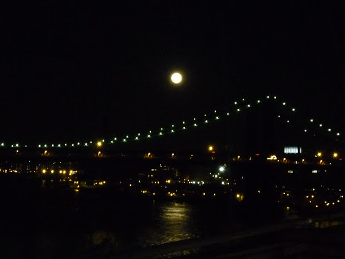 Moonrise, East River, view of the Manhattan Bridge, evening, March 19
