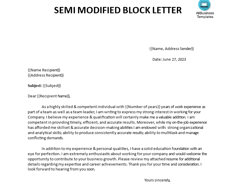 Sample Of Business Letter Semi Block Style / Semi Block Stylemi Style